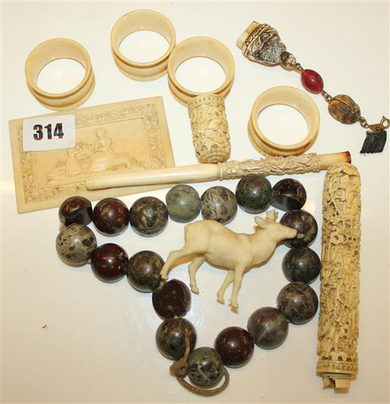 Chinese carved ivory needle case, hardstone necklace and other items